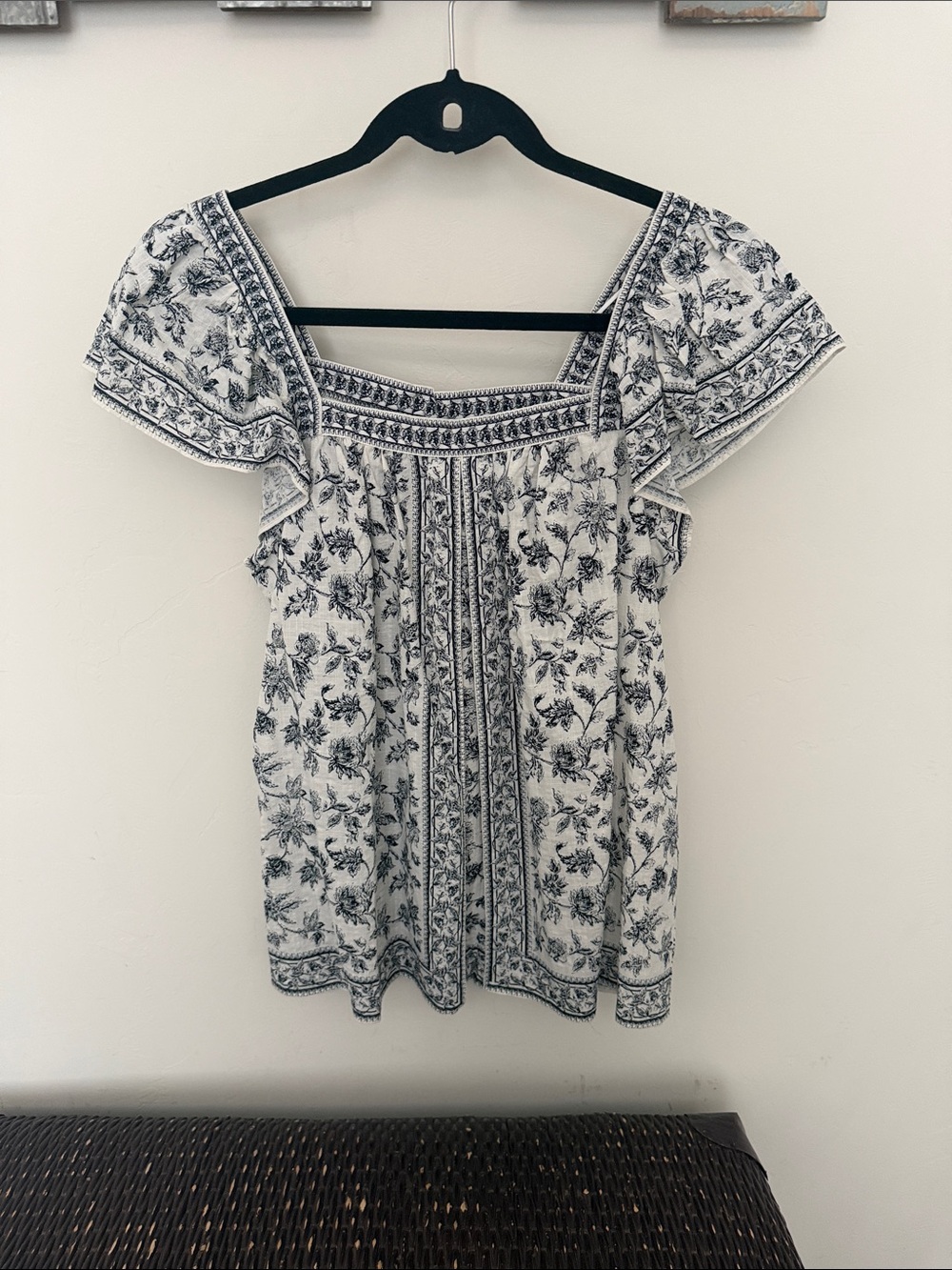 Max Studio White and Navy Floral Square-Neck Tunic
